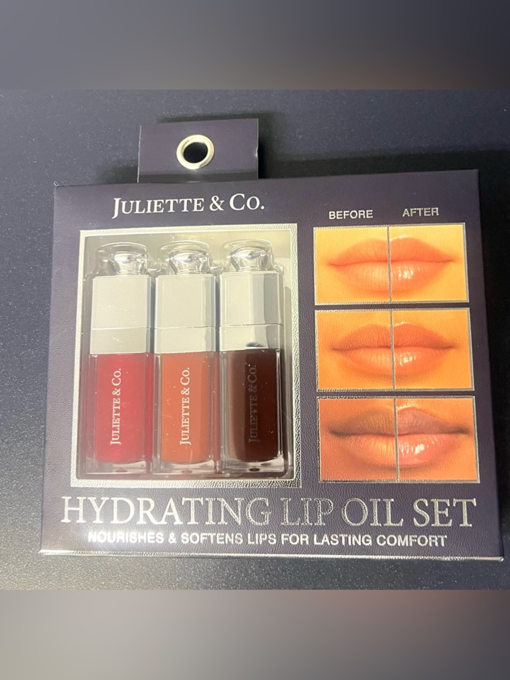 Juliette & Co Hydrating Lip Oil Set: Cherry/ Rosewood/ Mahogany.